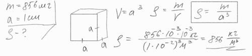 Масса твердого куба составляет 856 мг, а каждое ребро имеет длину 1 см. Определите плотность куба в