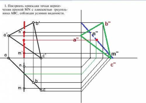 построить Проекции точки пересечения прямой MN с плоскостью треугольника ABC соблюдая условия видимо