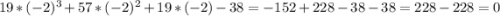 19 * (-2)^{3} + 57 * (-2)^{2} + 19 * (-2) - 38 = -152 + 228 - 38 - 38 = 228 - 228 = 0