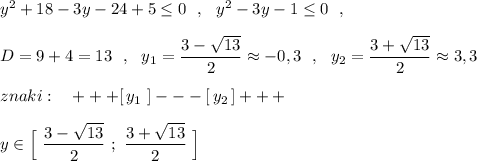 y^2+18-3y-24+5\leq 0\ \ ,\ \ y^2-3y-1\leq 0\ \ ,\\\\D=9+4=13\ \ ,\ \ y_1=\dfrac{3-\sqrt{13}}{2}\approx -0,3\ \ ,\ \ y_2=\dfrac{3+\sqrt{13}}{2}\approx 3,3\\\\znaki:\ \ \ +++[\, y_1\ ]---[\, y_2\, ]+++\\\\y\in \Big[\ \dfrac{3-\sqrt{13}}{2}\ ;\ \dfrac{3+\sqrt{13}}{2}\ \Big]
