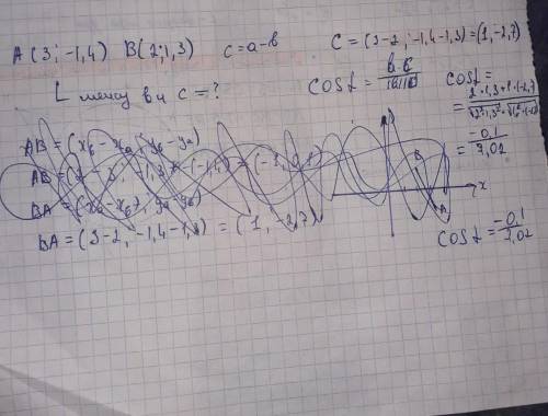 Длина вектора A(3,-1,4) B(2,1,3) c=a-b. Тогда угол между векторами b и c равен = ? решить