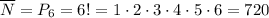 \overline{N}=P_6=6!=1\cdot2\cdot3\cdot4\cdot5\cdot6=720