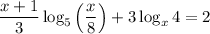 \dfrac{x+1}{3}\log_5\left(\dfrac{x}{8}\right)+3\log_x4=2