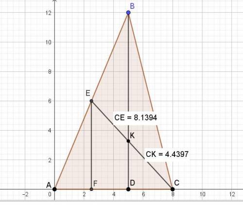 Высота bd и медиана ce треугольника abc пересекаются в точке К. Найти ск : се, если ас8 bd12 угол ac