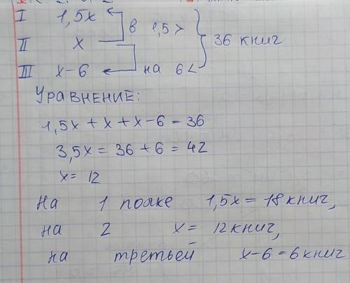 на трех полках 36 книг. На первой полке в 1,5 раза больше книг, чем на второй, а на третий - на 6 кн