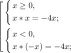 \left[ \begin{gathered} \left\{ \begin{gathered} x\geq0, \hfill \\ x*x =-4x; \hfill \\ \end{gathered} \right. \hfill \\ \left\{ \begin{gathered} x< 0, \hfill \\ x*(-x) =-4x; \hfill \\ \end{gathered} \right. \hfill \\ \end{gathered} \right.