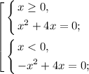 \left[ \begin{gathered} \left\{ \begin{gathered} x\geq0, \hfill \\ x^{2}+4x=0; \hfill \\ \end{gathered} \right. \hfill \\ \left\{ \begin{gathered} x< 0, \hfill \\ -x^{2}+4x=0; \hfill \\ \end{gathered} \right. \hfill \\ \end{gathered} \right.