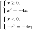 \left[ \begin{gathered} \left\{ \begin{gathered} x\geq0, \hfill \\ x^{2} =-4x; \hfill \\ \end{gathered} \right. \hfill \\ \left\{ \begin{gathered} x< 0, \hfill \\ -x^{2} =-4x; \hfill \\ \end{gathered} \right. \hfill \\ \end{gathered} \right.