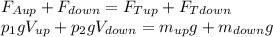 F_{Aup} +F_{down}=F_{Tup}+F_{Tdown}\\p_{1} gV_{up} +p_{2} gV_{down} =m_{up} g+m_{down} g