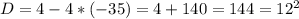 D = 4 - 4 * (-35) = 4 + 140 = 144 = 12^{2}