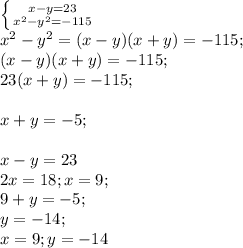 \left \{ {{x-y=23} \atop {x^{2} -y^{2} =-115}} \right. \\x^{2} -y^{2} =(x-y)(x+y)=-115;\\(x-y)(x+y)=-115;\\23(x+y)=-115;\\\\x+y=-5;\\\\x-y=23\\2x=18; x=9;\\9+y=-5;\\y=-14;\\x=9 ;y=-14