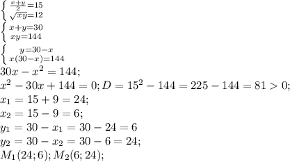 \left \{ {{\frac{x+y}{2} =15} \atop {\sqrt{xy}=12}} \right. \\\left \{ {{x+y=30} \atop {xy=144}} \right. \\\left \{ {{y=30-x} \atop {x(30-x)=144}} \right. \\30x-x^{2}=144;\\x^{2}-30x+144=0; D=15^{2} -144=225-144=810;\\x_{1} =15+9=24;\\x_{2}=15-9=6;\\y_{1}=30-x_{1}=30-24=6\\y_{2}=30-x_{2}=30-6=24;\\M_{1}(24;6); M_{2}(6;24);