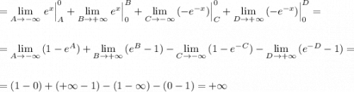 =\lim\limits_{A \to -\infty}\, e^{x}\Big|_{A}^0+\lim\limits_{B \to +\infty}\, e^{x}\Big|_0^{B}+\lim\limits_{C \to -\infty}\, (-e^{-x})\Big|_{C}^0+\lim\limits_{D \to +\infty}\, (-e^{-x})\Big|_0^{D}=\\\\\\=\lim\limits_{A \to -\infty}\, (1-e^{A})+\lim\limits_{B\to +\infty}\, (e^{B}-1)-\lim\limits_{C \to -\infty}\, (1-e^{-C})-\lim\limits_{D \to +\infty}\, (e^{-D}-1)=\\\\\\=(1-0)+(+\infty -1)-(1-\infty )-(0-1)=+\infty