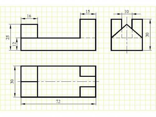Выолнить по аксонометрической проекции чертеж модели(построить три поекции и нанести размеры)