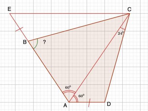 Про четырехугольник ABCD известно, что ∠BAC=∠CAD=60∘, AB+AD=AC. Также известно, что ∠ACD=24∘. Скольк