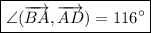 \boxed{ \angle(\overrightarrow{BA}, \overrightarrow{AD}) = 116^{\circ} }