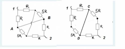 Определите сопротивление цепи, схема которой показана на рисунке, если R = 7 Ом. Диаметральные прово