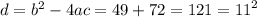 d = {b}^{2} - 4ac = 49 + 72 = 121 = {11}^{2}