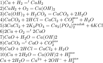 1) Ca+H_2=^tCaH_2\\2)CaH_2+O_2=Ca(OH)_2\\3) Ca(OH)_2+H_2CO_3=CaCO_3+2H_2O\\4) CaCO_3+2HCl=CaCl_2+CO_2^{gas}+H_2O\\5)3CaCl_2+2K_3PO_4=Ca_3(PO_4)_2^{osadok}+6KCl\\6)2Ca+O_2=^t2CaO\\7)CaO+H_2O=Ca(OH)2\\8)CaCO_3=^tCaO+CO_2^{gas}\\9)CaO+2HCl=CaCl_2+H_2O\\10)Ca+2H_2O=Ca(OH)2+H_2^{gas}\\Ca+2H_2O=Ca^{2+}+2OH^-+H_2^{gas}