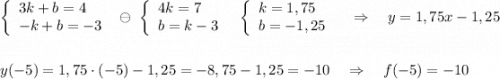 \left\{\begin{array}{l}3k+b=4\\-k+b=-3\end{array}\right\ \ominus \ \left\{\begin{array}{l}4k=7\\b=k-3\end{array}\right\ \ \left\{\begin{array}{l}k=1,75\\b=-1,25\end{array}\right\ \ \ \Rightarrow \ \ \ y=1,75x-1,25\\\\\\y(-5)=1,75\cdot (-5)-1,25=-8,75-1,25=-10\ \ \ \Rightarrow \ \ \ f(-5)=-10