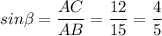 sin \beta =\dfrac{AC}{AB} =\dfrac{12}{15} =\dfrac{4}{5}