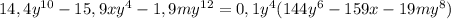 14,4y^{10}-15,9xy^4-1,9my^{12}=0,1y^4(144y^{6}-159x-19my^{8})