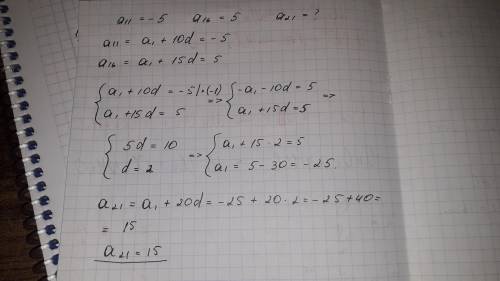 В арифметической прогрессии (an) a11=-5 a16=5 а21=?