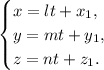 \begin{equation*} \begin{cases} x=lt+x_1, \\ y=mt+y_1, \\ z=nt+z_1. \end{cases}\end{equation*}