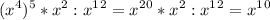\displaystyle (x^4)^5*x^2:x^1^2=x^2^0*x^2:x^1^2=x^1^0