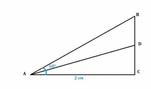 В треугольнике ABC ∠C = 90°, AD – биссектриса, ∠A = 60°, AC = 2 см. а) Решите треугольник ABD ( ). б