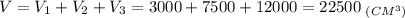 V = V_1+V_2+V_3=3000+7500+12000=22500\;_{(CM^3)}