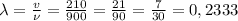 \lambda=\frac{v}{\nu} =\frac{210}{900} =\frac{21}{90} =\frac{7}{30} =0,2333
