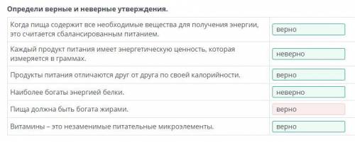 Определи верные и неверные утверждения. Когда пища содержит все необходимые вещества для получения э