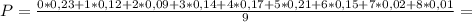 P=\frac{0*0,23+1*0,12+2*0,09+3*0,14+4*0,17+5*0,21+6*0,15+7*0,02+8*0,01}{9} =