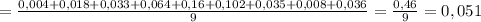 =\frac{0,004+0,018+0,033+0,064+0,16+0,102+0,035+0,008+0,036}{9} =\frac{0,46}{9} =0,051