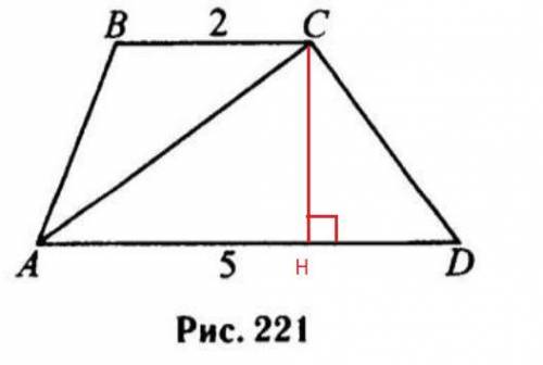 В трапеции ABCD AD=5, BC=2, а её площадь равна 21 (см. рис. 221). Найдите площадь треугольника