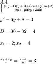 A.4\\ \left \{ {{(5y-1)(y+3)+(2y+1)(3y+2)} \atop {2y+1\neq 0; y+3\neq0 }} \right. \\ \\ y^2-6y+8=0\\ \\ D=36-32=4\\ \\ x_{1}=2;x_{2}=4\\\\ \\ \frac{x_{1}+x_{2}}{2}=\frac{2+4}{2}=3