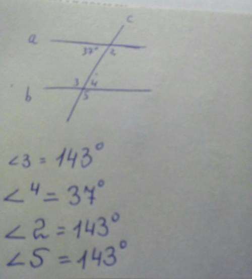 На рисунке а||b c секущяя угол 1=37 градусов. найдите: угол 1, угол 2, угол 3, угол 4, угол 5 ​