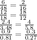  \frac{6}{48} = \frac{2 }{16} \\ \frac{12}{18} = \frac{18}{12} \\ \frac{2.4}{3.48} = \frac{4}{5.8} \\ \frac{0.9}{0.81} = \frac{0.3}{0.27} 