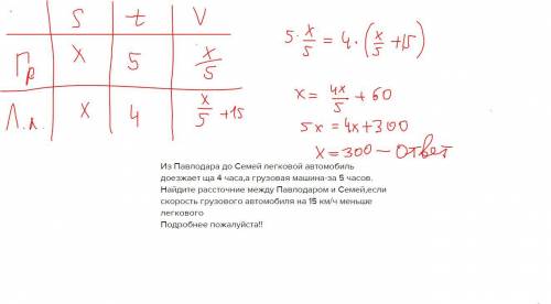 Из павлодара до семей легковой автомобиль доезжает ща 4 часа,а грузовая машина-за 5 часов. найдите р