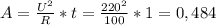 A=\frac{U^{2} }{R}*t=\frac{220^{2} }{100}*1=0,484