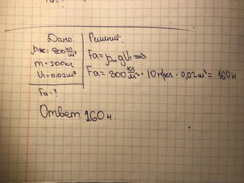 Чему равна сила архимеда, действующая на брусок массой 200 кг и объемом 0,02 м³ погруженное полность