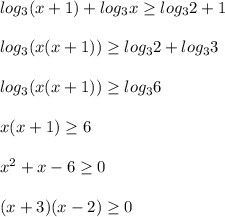 log_{3}(x+1)+log_{3}x\geq log_{3}2+1\\\\log_{3} (x(x+1)) \geq log_{3}2+log_{3}3\\\\log_{3}(x(x+1))\geq log_{3}6\\\\x(x+1)\geq 6\\\\x^{2} +x-6\geq 0\\\\(x+3)(x-2)\geq 0