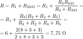 R = R_1+R_{2345}=R_1+\dfrac {R_3R_{245}}{R_3+R_{245}}=\\\\=R_1+\dfrac {R_3(R_2+R_4+R_5)}{R_3+R_2+R_4+R_5}=\\\\=6+\dfrac{2(8+3+3)}{2+8+3+3}=7,75~\Omega