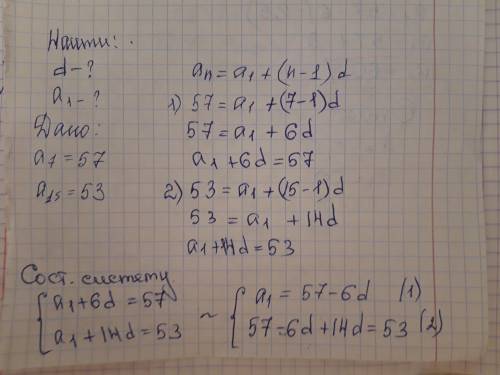 Найдите разность и первый член арифметической прогрессии (an) если a7=57,a15=53
