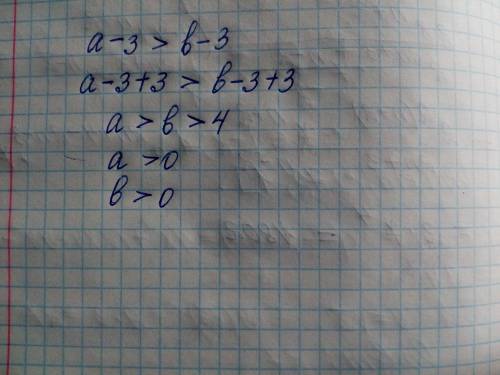 (это от безысходности) опредилите знаки чисел а и b, если 1) а-3> b-3 и b> 4