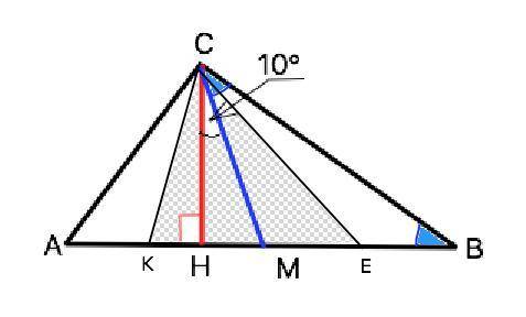 Дан прямоугольный треугольник авс с гипотенузой ав у которого угол между высотой сн и медианы см рав