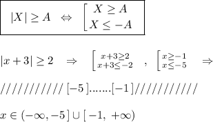 \boxed {\; \; |X|\geq A\; \; \Leftrightarrow \; \; \left [ {{X\geq A} \atop {X\leq -A}} \right.\; \; }\\\\\\|x+3|\geq 2\; \; \; \Rightarrow \; \; \; \left [ {{x+3\geq 2} \atop {x+3\leq -2}} \right.\; \; ,\; \; \left [ {{x\geq -1} \atop {x\leq -5}} \right. \; \; \; \Rightarrow \\\\///////////\; [-5\, ].......[-1\, ]///////////\\\\x\in (-\infty ,-5\, ]\cup [\, -1,\; +\infty )