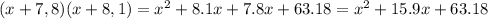 (x+7,8)(x+8,1) = {x}^{2} + 8.1x + 7.8x + 63.18 = {x}^{2} + 15.9x + 63.18