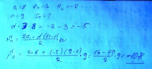 Найдите сумму n первых челнов арифметической прогрессии: 8; 3; -2; если n=9